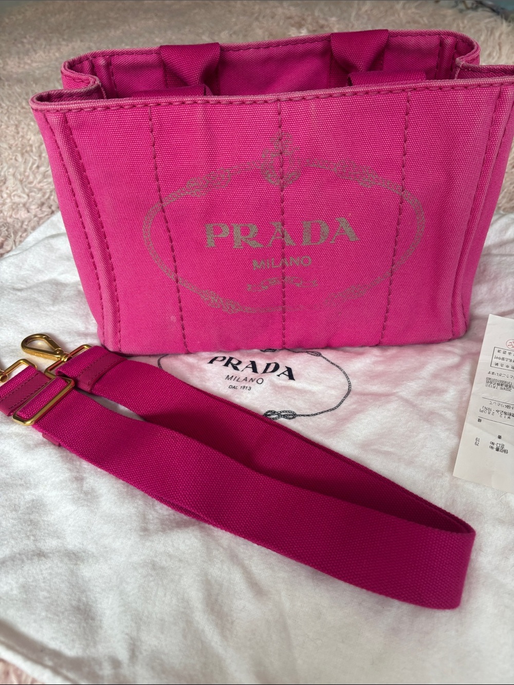 Authentic Prada Pink Canapa Canvas Crossbody with Detachable Strap and dust bag